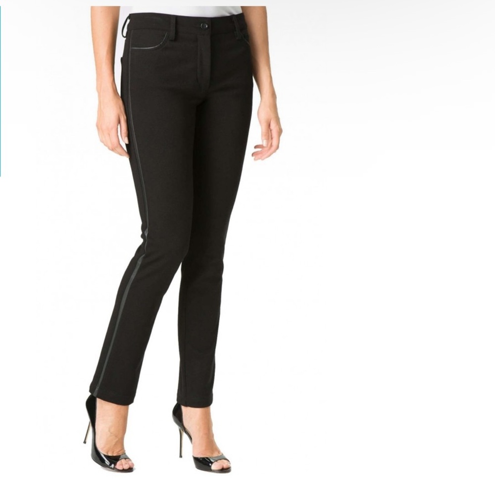 NYDJ Pamela Black Skinny Leg Jeans Ponte Knit Faux Leather Trim Tuxedo Stripes/2